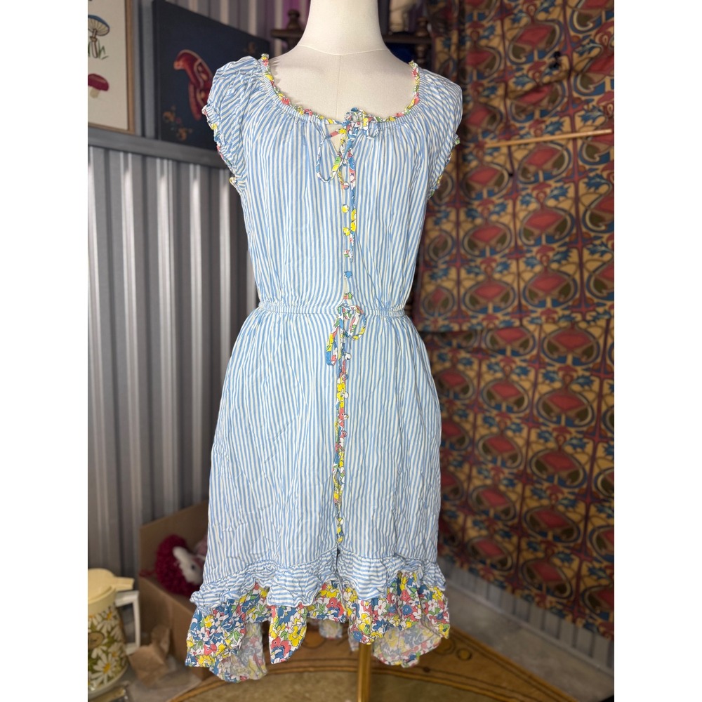 Matilda Jane Blue White Striped Floral Trim Midi Dress XS Rayon Pockets Ruffle